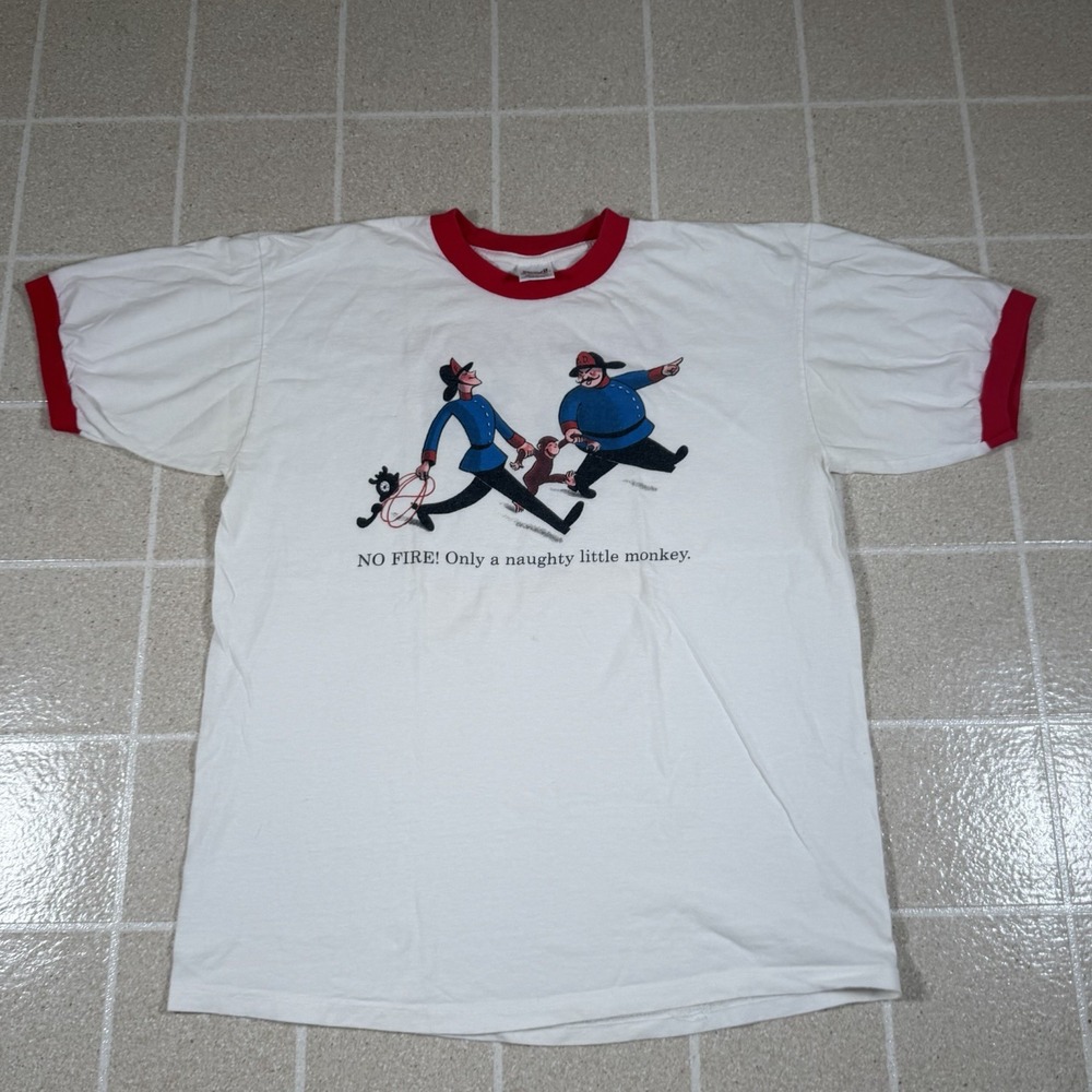 Vintage Curious George 90s Naughty Monkey Firemen T-Shirt Double Sided Ringer XL